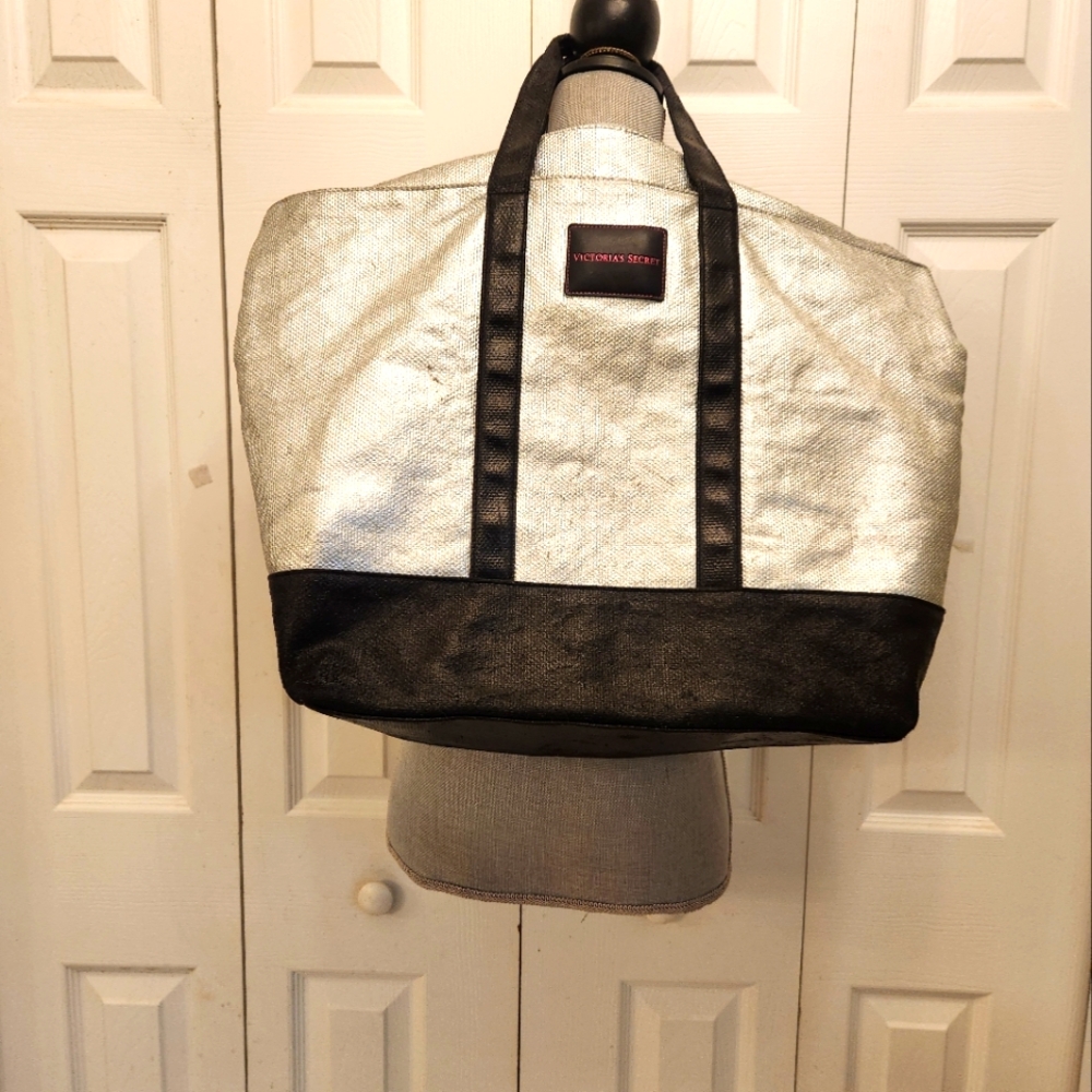 Victoria's Secret Metallic Silver and Black Canvas Tote